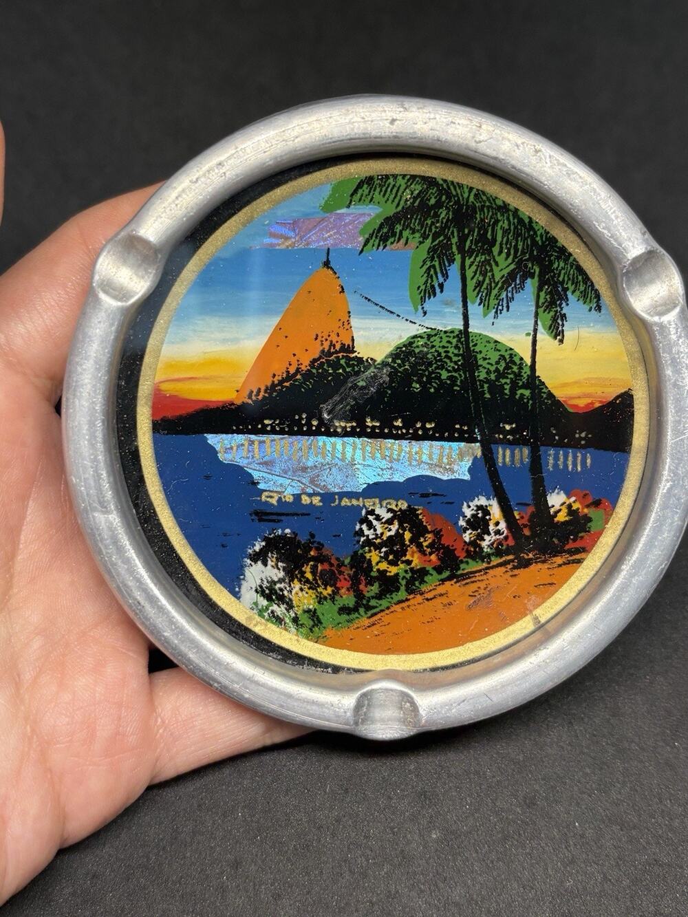 MCM Iridescent Brown Morpho Butterfly Aluminum Vtg Metal Ashtray Rio de Janeiro